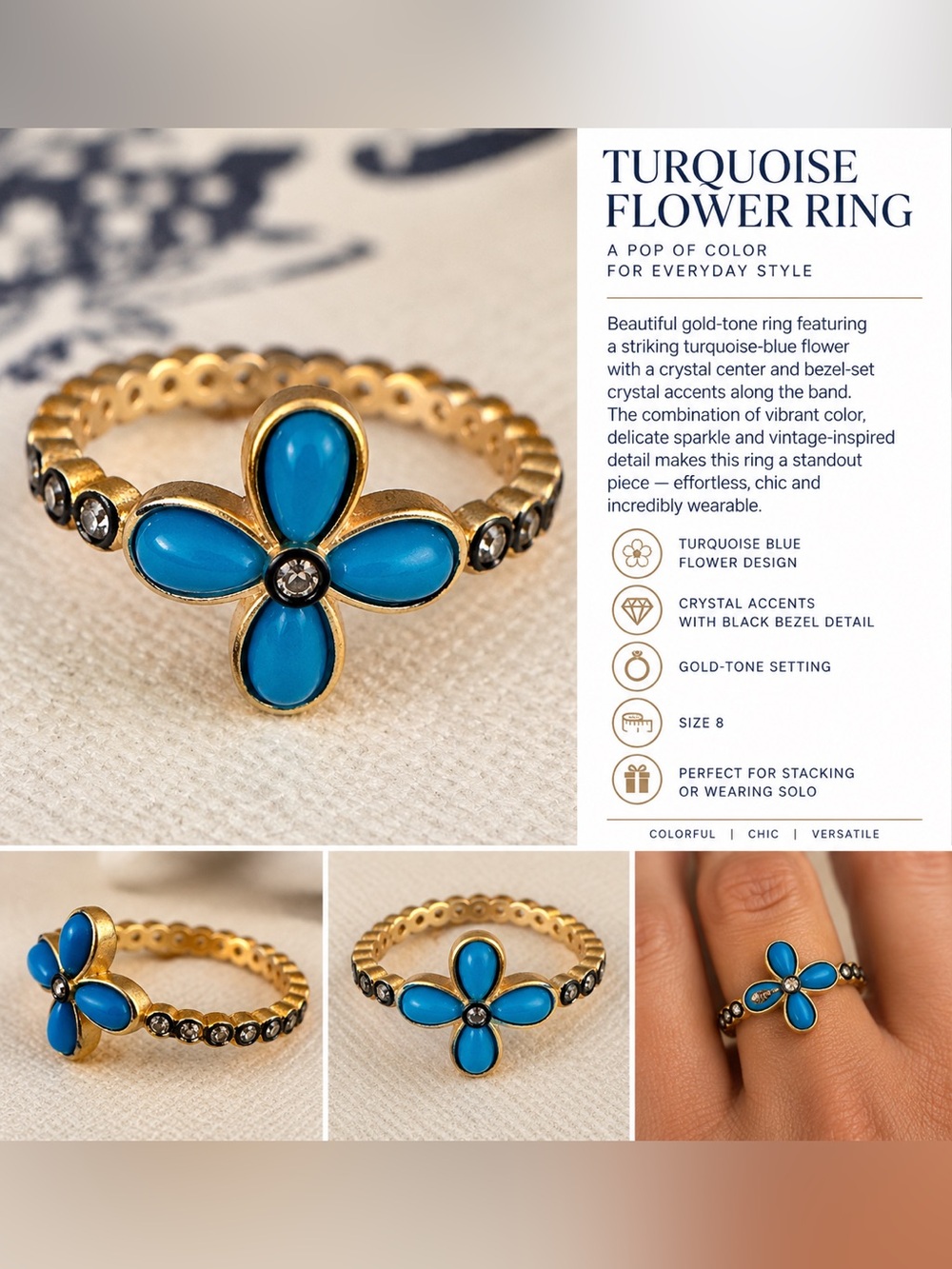 🌸 COOL LITTLE STATEMENT RING🌸
✨🩵💙Gorgeous turquoise-blue flower ring size 8